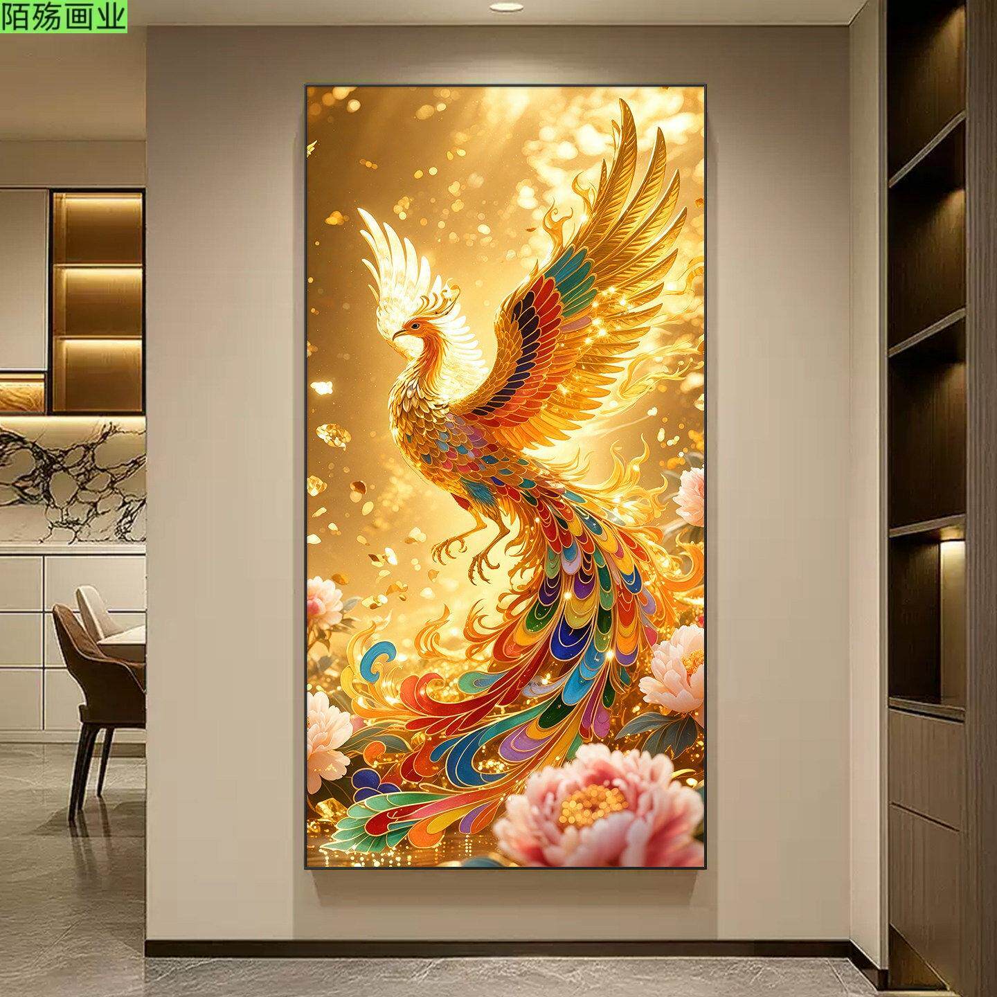 孔雀高级感过道走廊尽头挂画入户正对门壁灯画凤凰呈祥玄关装饰画