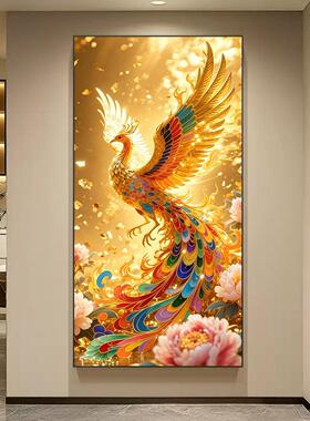 孔雀高级感过道走廊尽头挂画入户正对门壁灯画凤凰呈祥玄关装饰画