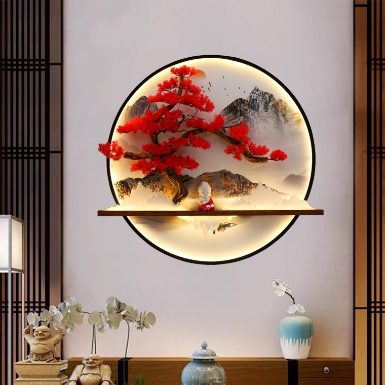 新中式迎客松装饰画客厅沙发背景墙装饰挂件玄关壁画铁艺圆形挂画
