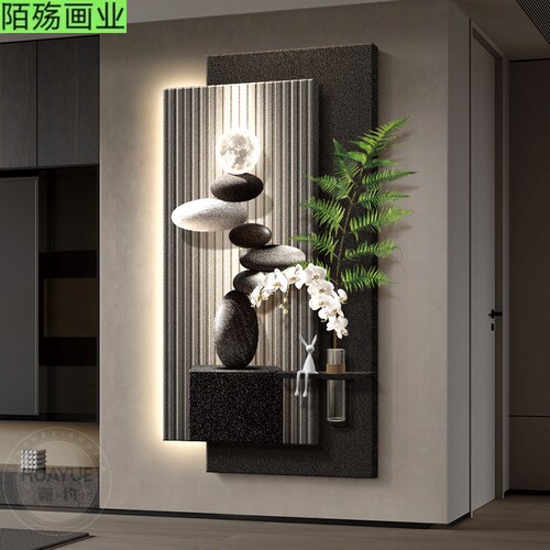 现代轻奢玄关装饰画石来运转走廊过道挂画高级感水培绿植入户壁画