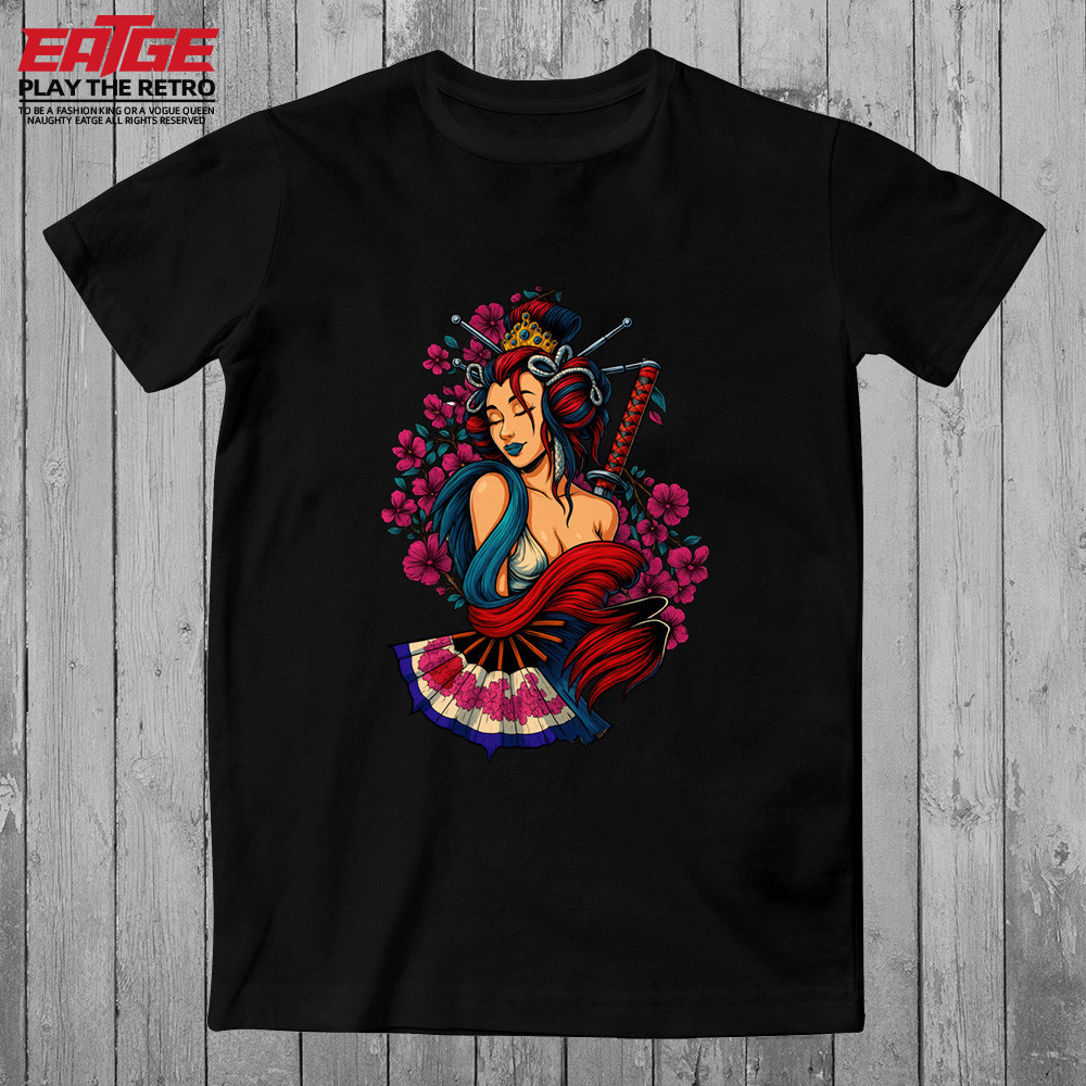 性感的日本艺伎女剑客T恤原宿风潮流设计原创TEE创意潮牌纯棉体恤