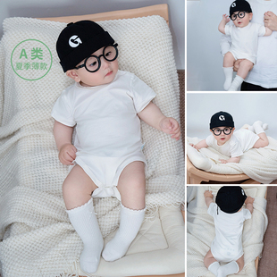 婴幼儿包屁衣夏季薄款棉哈衣欧美风男女宝宝满月百天拍照短袖爬服