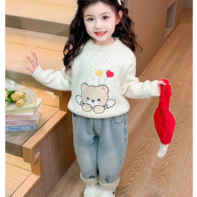 女小童加绒牛仔裤秋冬款女宝宝加厚休闲裤冬装小女孩保暖小熊长裤