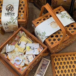 2025中秋月饼包装 礼品盒空盒子 盒手工竹编花艺店手提镂空竹篮中式