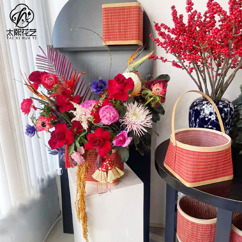 新年中式红色手提花篮年宵插花手拎篮子花店鲜花花艺包装资材材料,鲜花速递/花卉仿真/绿植园艺,花篮,淘宝优惠券,粉丝福利购,淘宝优惠卷
