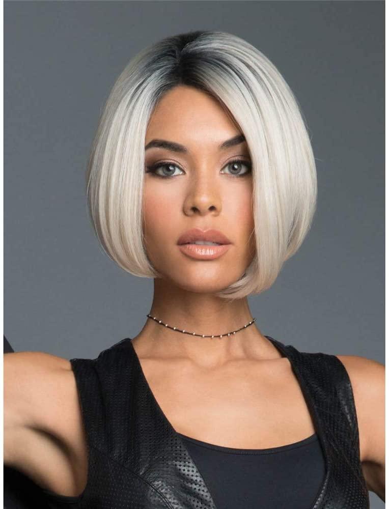 欧美假发女波波头偏分黑根渐变白金色短发时尚自然透气梨花头wigs