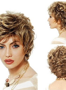 外贸假发蓬松女士短卷发混棕色反翘高温丝化纤头套synthetic wigs