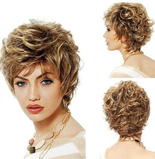 外贸假发蓬松女士短卷发混棕色反翘高温丝化纤头套synthetic wigs