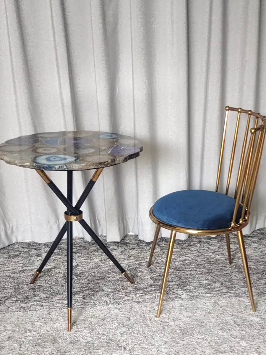 Designer dining table villa light luxury natural agate negotiation table and chair combination special shape coffee table stainless steel round table