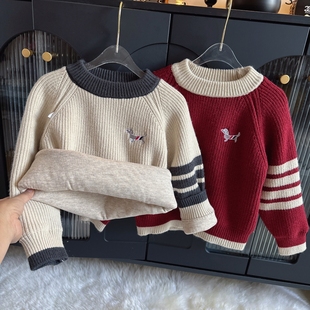 男宝宝毛衣加厚2025冬新款男童德绒毛衫加绒儿童新年装打底衫上衣