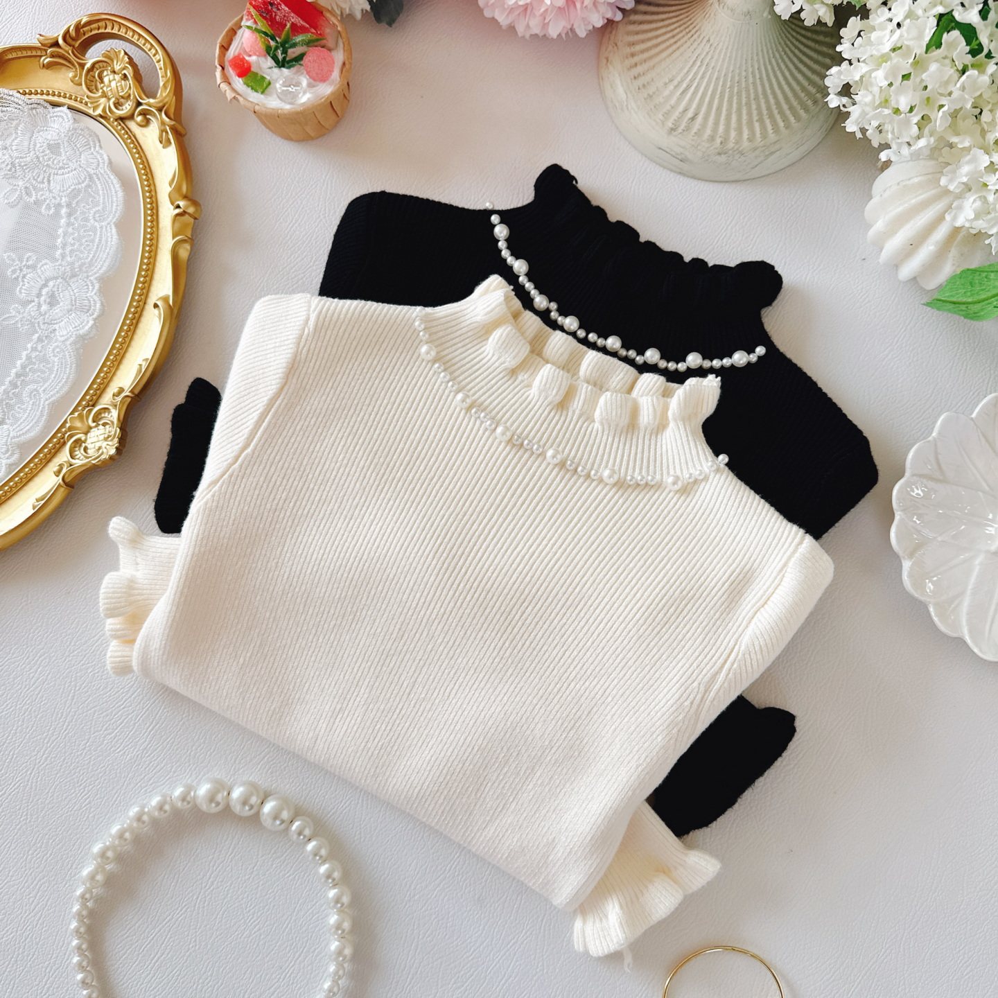 秋冬女童打底毛衣半高领珍珠装饰袖口荷叶边小孩内搭针织衫超洋气