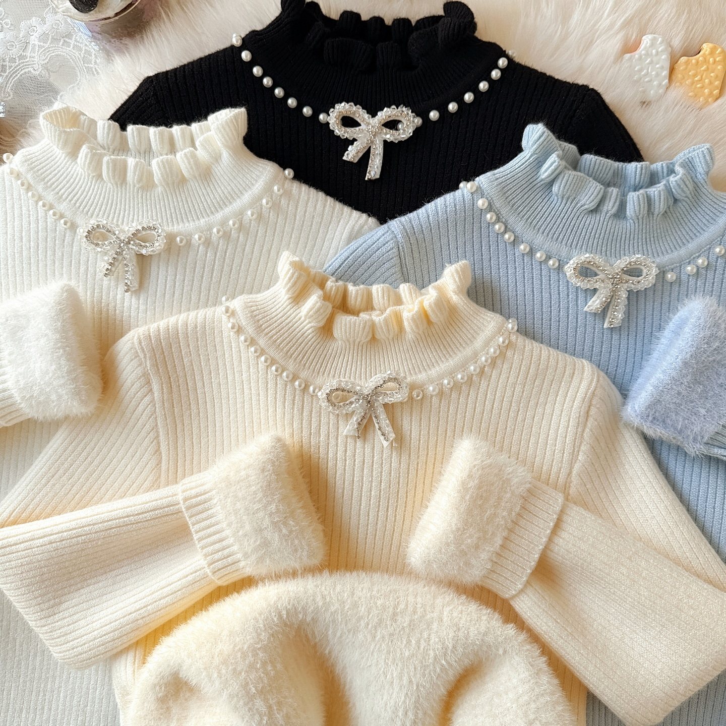 儿童花边领中大童打底毛衣长袖女童蝴蝶结加绒修身型保暖针织衫