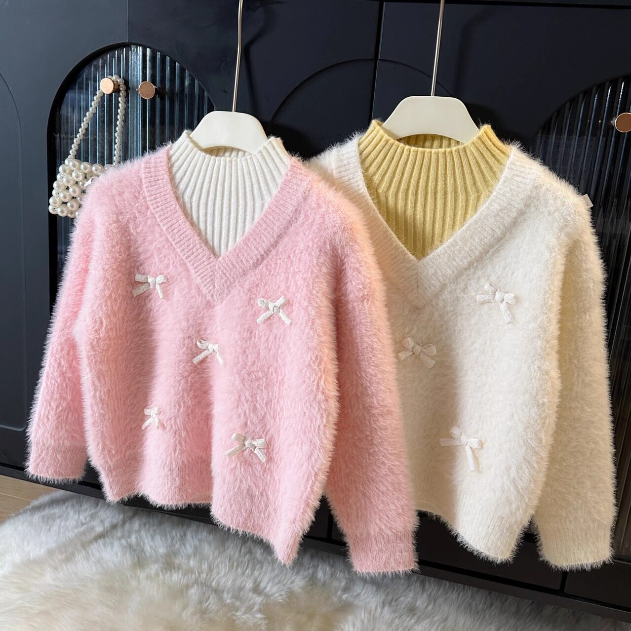 女宝不起球毛衣加厚25新款女童水貂绒毛线衣小女孩假两件针织上衣