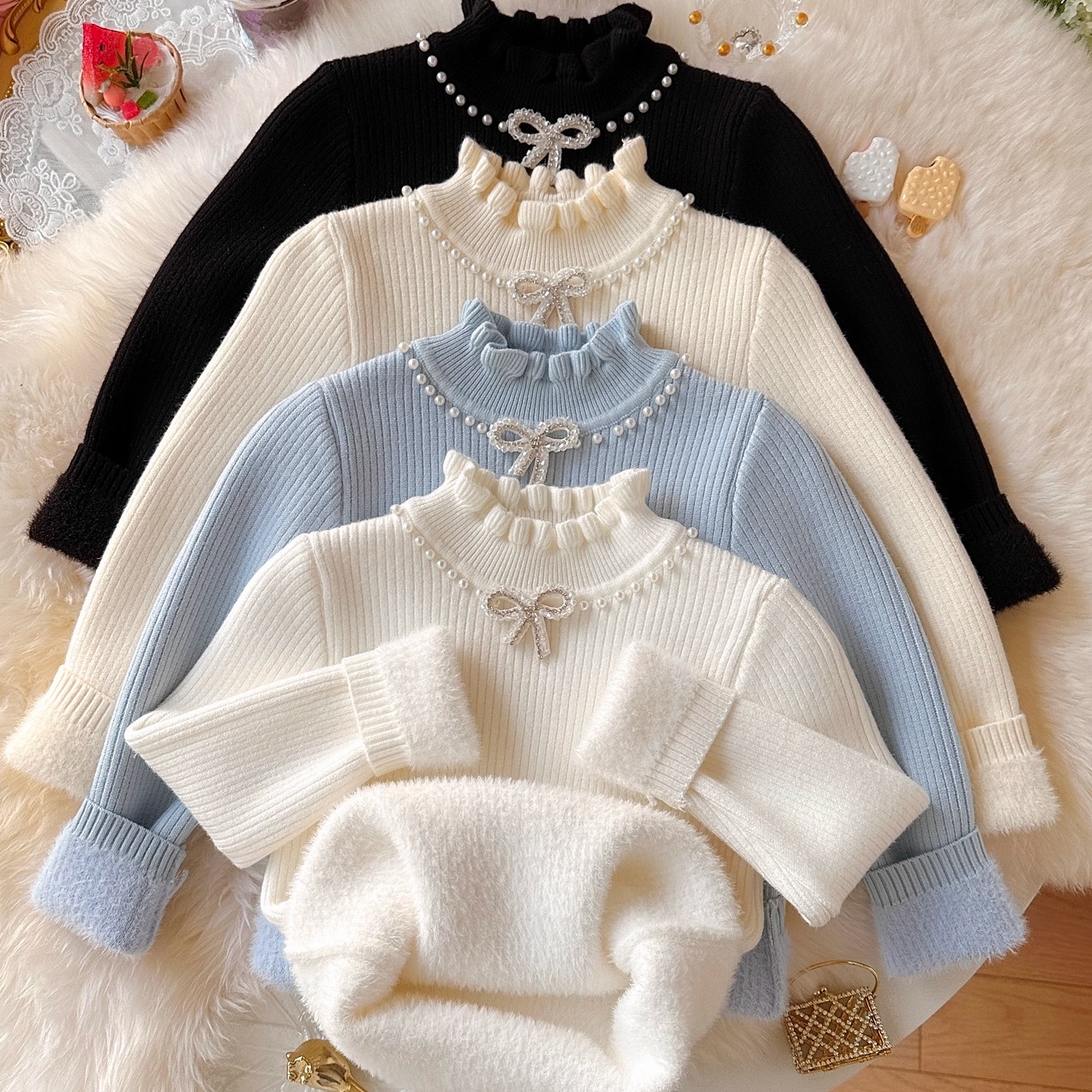手工蝴蝶结女童加厚毛衣2025秋冬新款长袖花边领修身型套头保暖衫