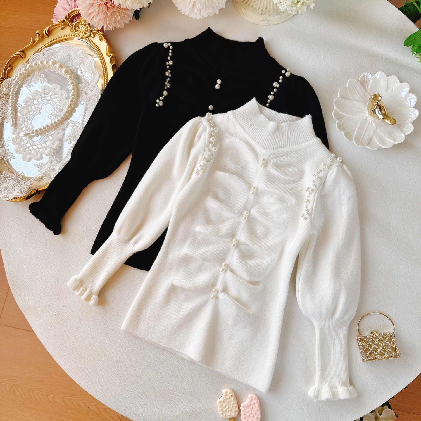 秋冬女童打底毛衣纯色半高领珍珠装饰袖口荷叶边小孩内搭针织衫