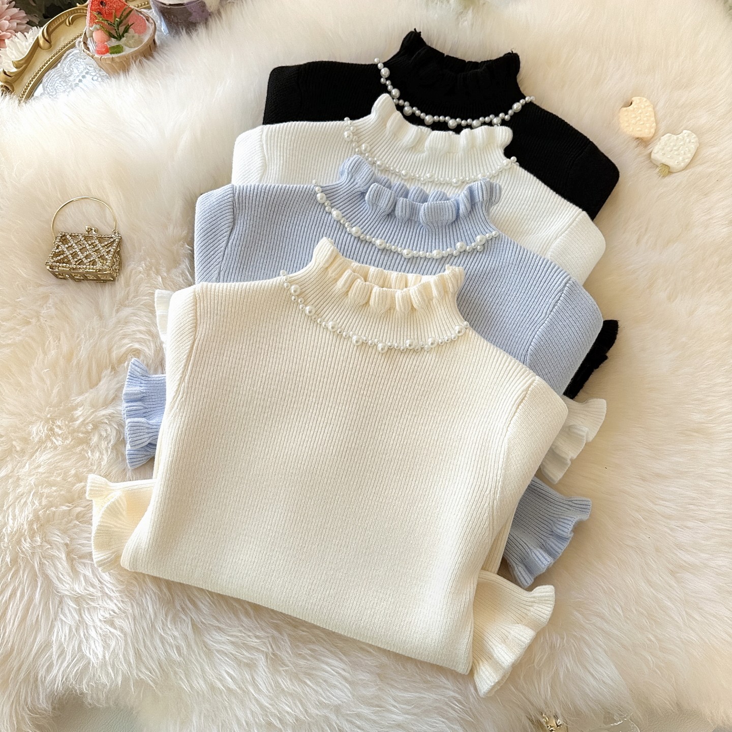 女童珍珠花边领打底毛衣秋冬女宝百搭打底衫洋气小女孩修身针织衫