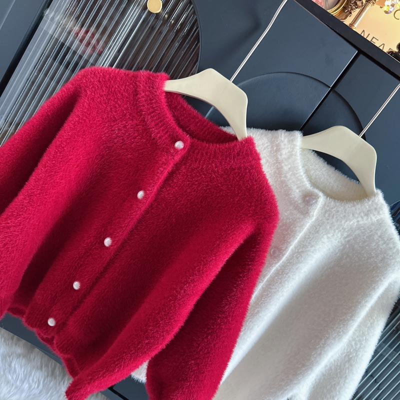 女宝宝毛衣开衫水貂绒女童过年针织衫上衣酒红小朋友新年拜年毛衣