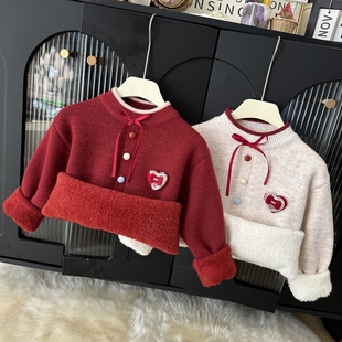 女童一体绒毛衣假开衫外套加绒甜美新款秋冬款加厚保暖儿童针织衫