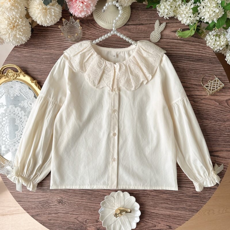 洋气女童大翻领衬衫儿童刺绣小花衬衣中大童纯棉上衣2026春装新款