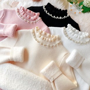 女童毛织衫一体绒2025冬季款女宝毛衣加绒洋气小女孩花边领打底衫