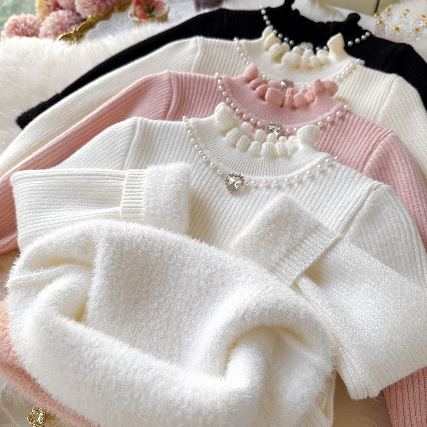 一体绒打底毛衣花边领珍珠装饰加厚保暖女童日常2025新款针织衫