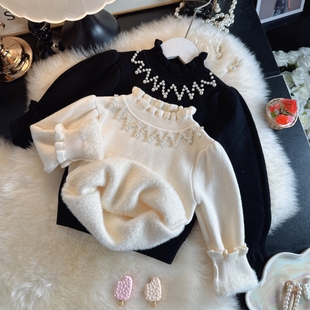 宝宝加绒毛衣一体绒女童花边领打底衫加厚冬季儿童针织保暖上衣