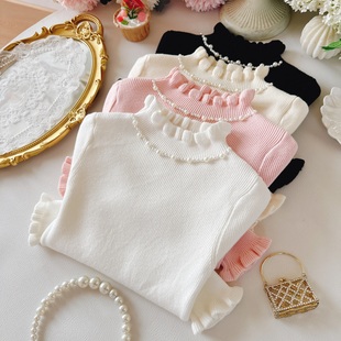 女宝秋冬纯白色女童毛衣袖口荷叶边半高领珍珠针织打底内搭超仙