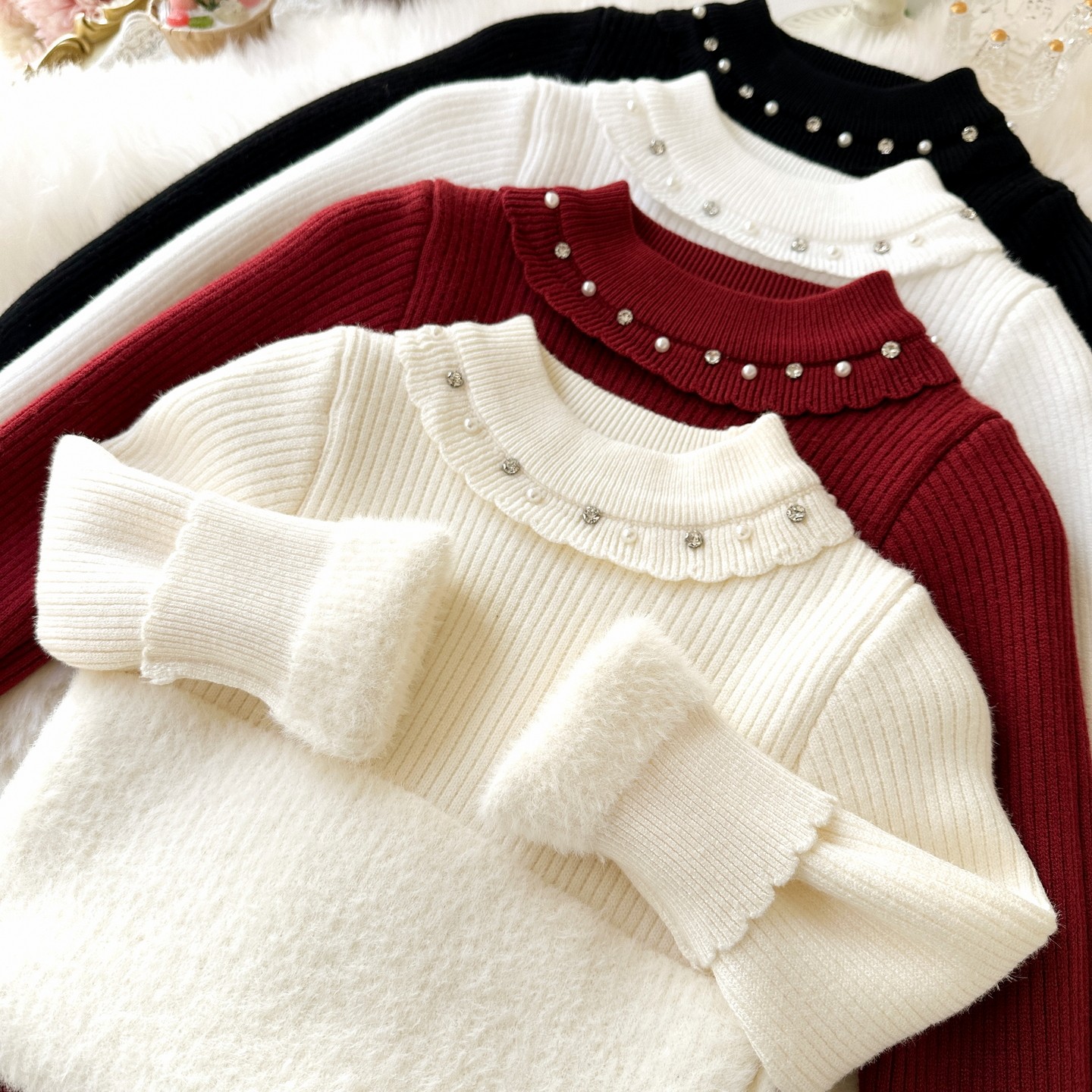 2025冬季女童一体绒毛衣钉珠娃娃领加绒加厚 儿童保暖针织打底衫