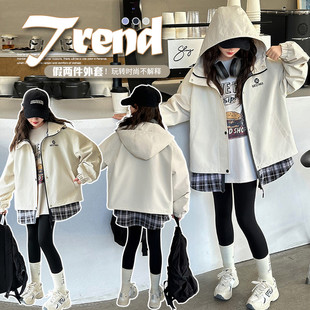 女童春款 休閑連帽沖鋒衣 洋氣中大兒童春秋韓版 假兩件外套2025新款