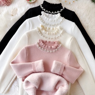 女童修身针织毛衣一体绒儿童毛织毛衣加绒女宝珍珠花边领打底衫厚