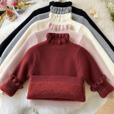 2025冬女童毛衣一体绒冬装女宝花边领加厚打底女童加绒内搭针织衫