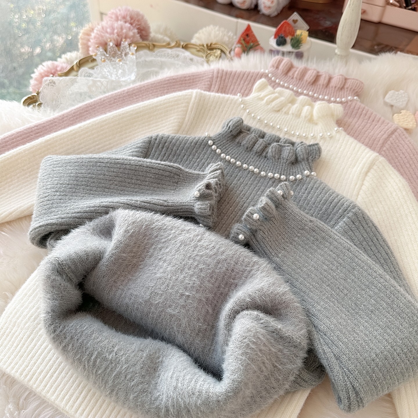 女宝一体绒毛衣冬木耳领女童修身打底衫加绒小女孩百搭内搭针织衫