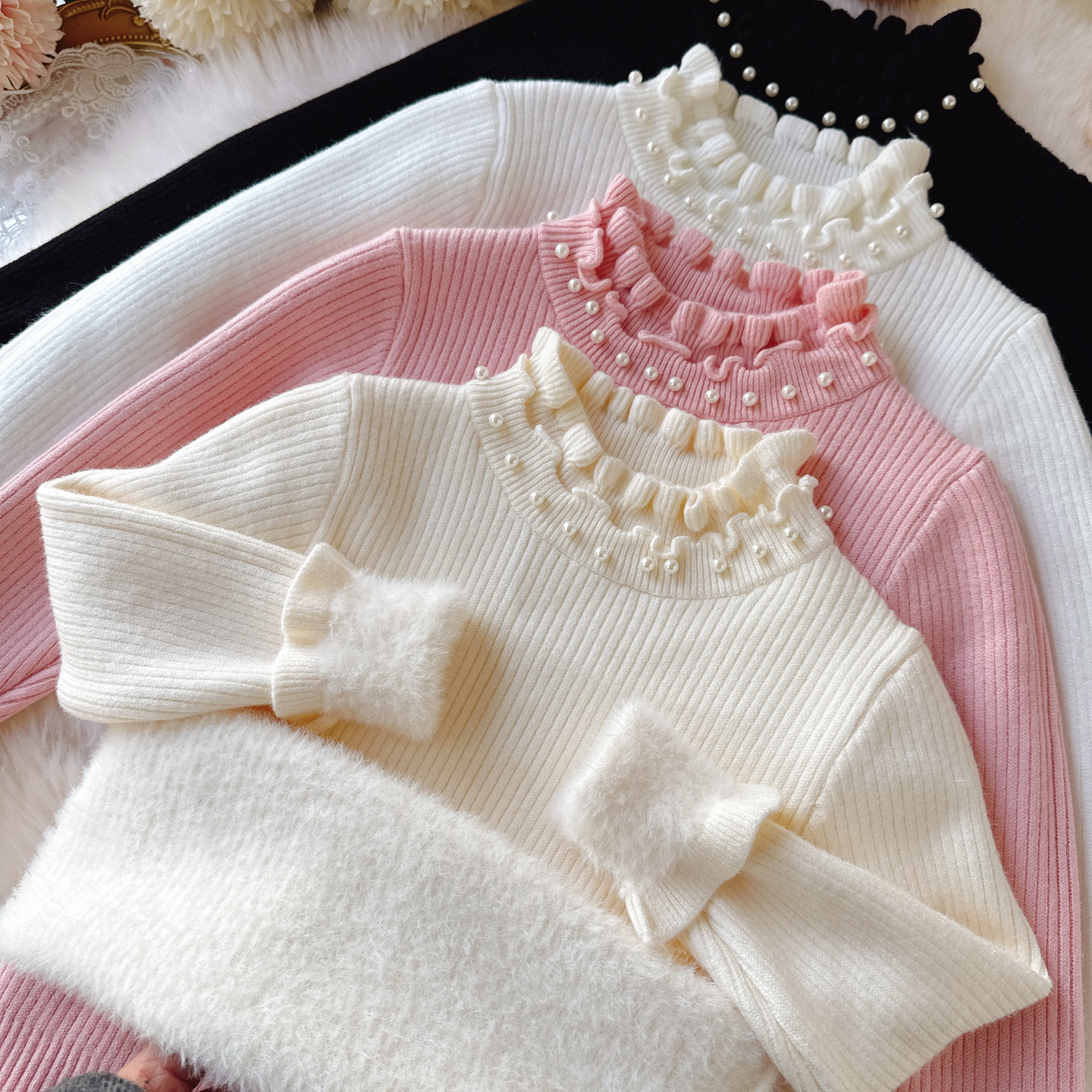 女童一体绒毛衣加厚冬装女宝加绒毛衣百搭儿童花边领打底上衣洋气