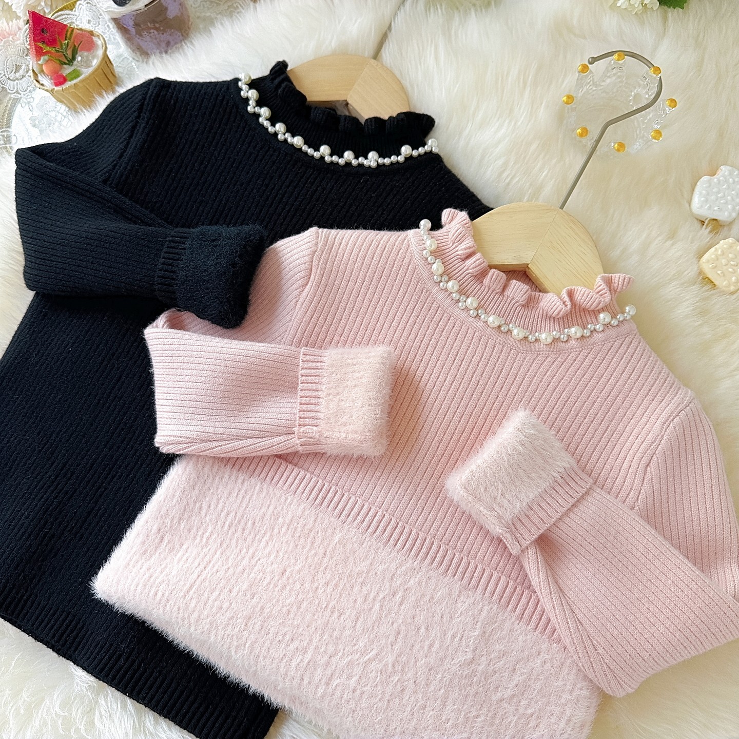 女宝一体绒毛衣长袖女童花边领加绒修身型针织衫加绒儿童保暖上衣