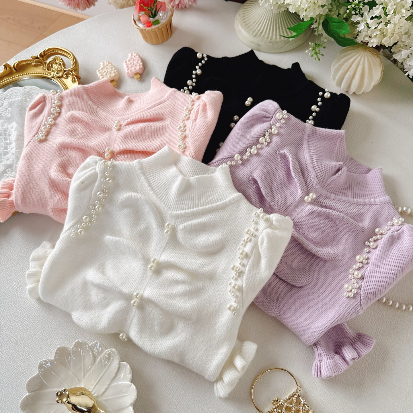 女童秋冬内搭打底毛衣多色毛线衣半高领荷叶边袖口小女孩打底衫