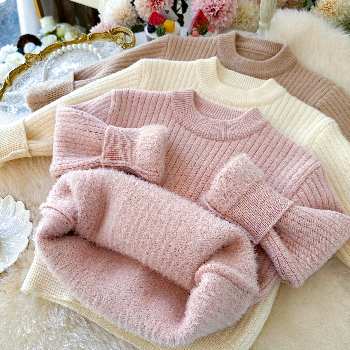 雀麦儿童一体绒毛衣圆领加厚男童加绒针织衫百搭女童保暖毛线衣