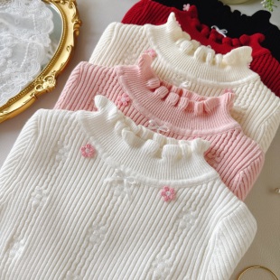 女童打底毛衣2025新款女孩毛线衣薄款花边领春秋款内搭打底衫花朵