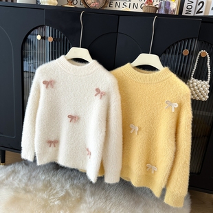 2026秋冬新款女童水貂绒毛衣不起球女孩套头一体绒加厚洋气针织衫