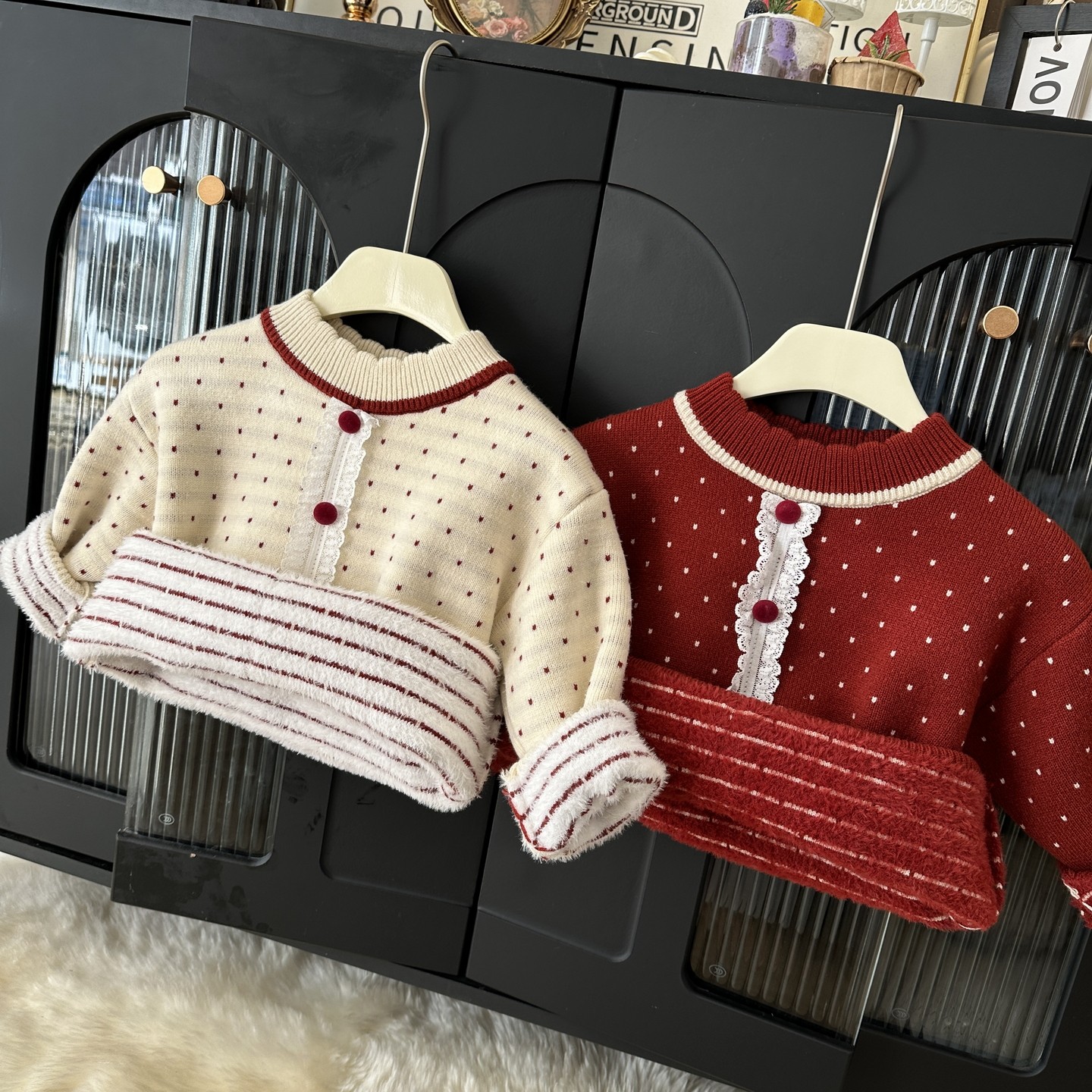 女童一体绒针织假开衫冬洋气蕾丝拼接加绒女宝秋冬加厚毛线衣外套