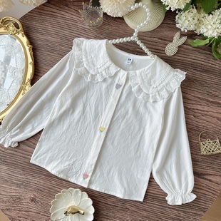 小女孩女童纯棉娃娃领长袖衬衫春秋2025新款洋气儿童白色衬衣上衣