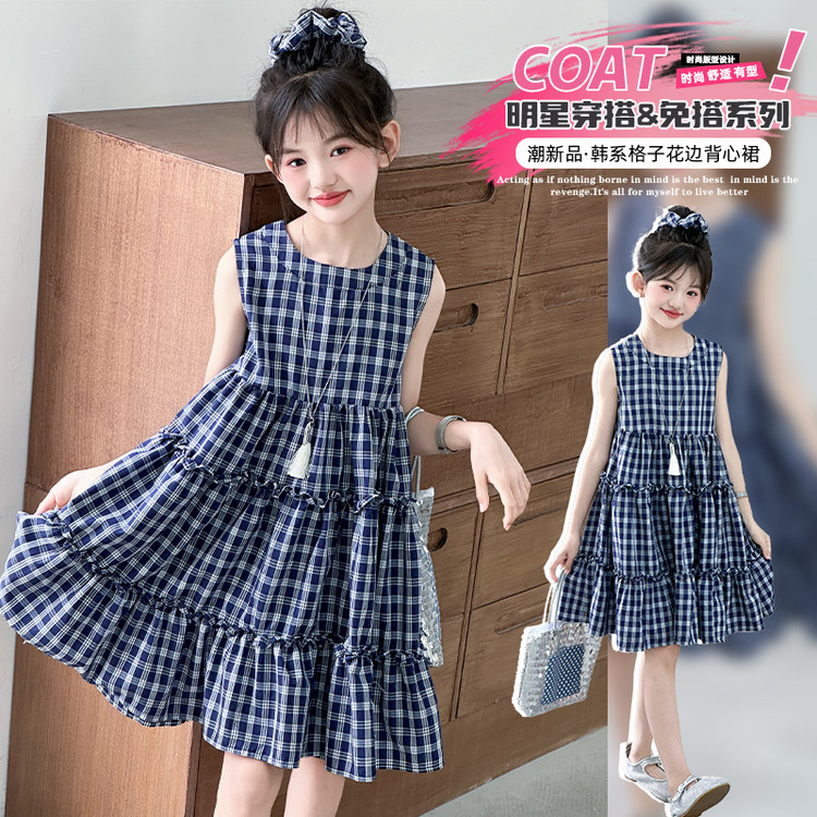 女童连衣裙2025新款夏季儿童洋气格子背心裙女孩公主裙裙子