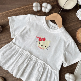 2026夏日新款可爱风Hello Kitty蕾丝花边短袖T恤女白色裙式上衣