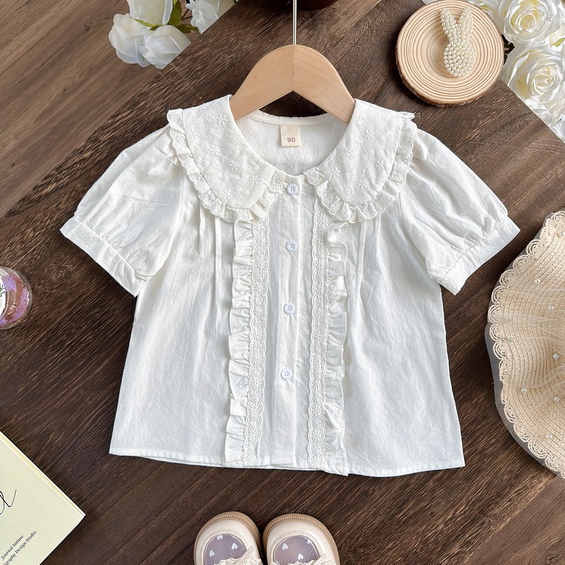 女童纯棉白色短袖衬衫夏装新款儿童公主衬衣小女孩夏季上衣娃娃衫