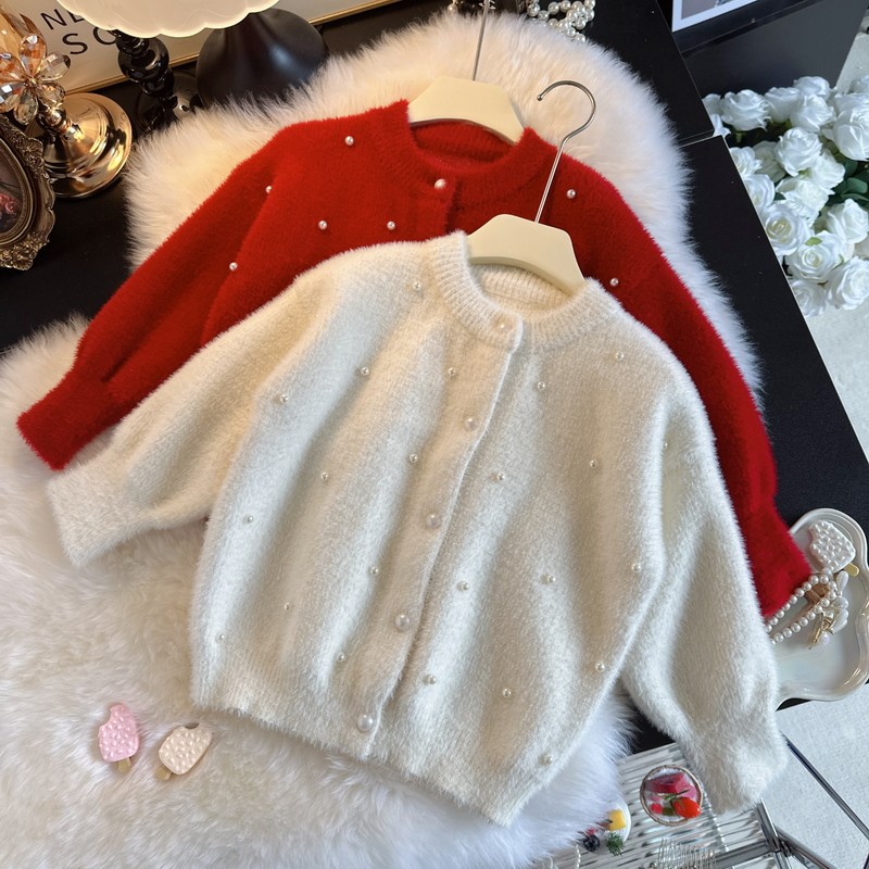 女宝宝毛衣开衫水貂绒亲子毛毛外套新年装洋气女童针织外套拜年服