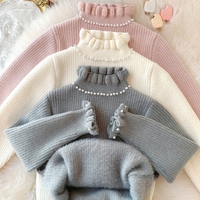 小女孩花边领毛衣一体绒冬女童修身打底衫加厚女宝加绒内搭针织衫