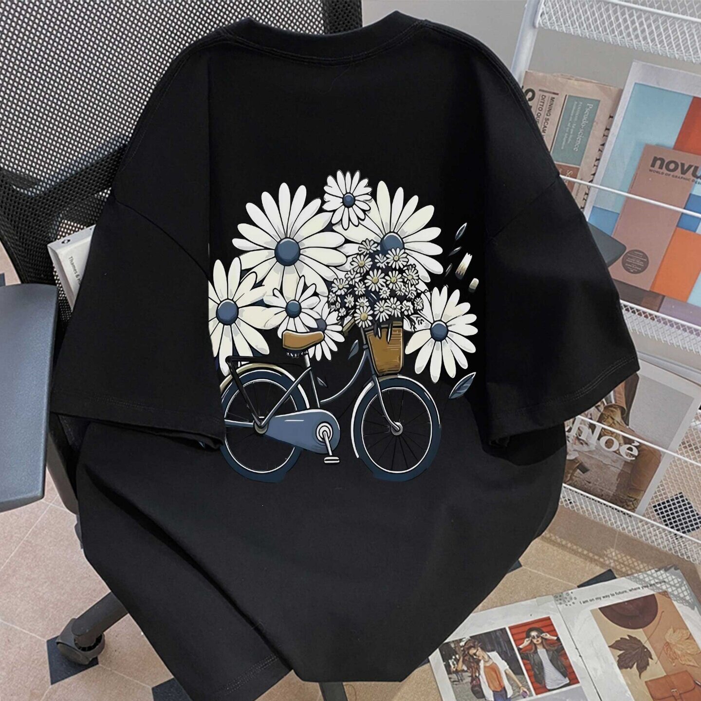 小清新雏菊自行车印花短袖T恤上衣男款宽松重磅纯棉潮牌上衣
