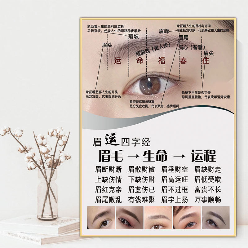 眉运四字经海报美容院纹绣宣传图流行眉毛半永久纹眉轻奢相框挂画