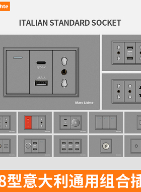 118型灰色圆孔意大利插座面板usb+type-c3孔插座暗装开关双开双控