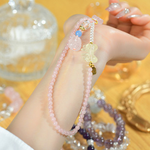 暴富桃花转运天然粉水晶九尾狐黄水晶蝴蝶结手机链挂件钥匙扣包挂