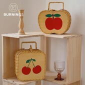 贝影 田园风手工编织手提包包花篮苹果樱桃印花野餐篮节日礼物篮